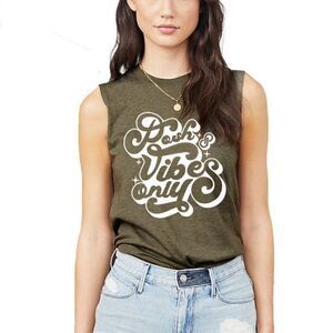 POSHMARK OFFICIAL POSH VIBES SLEEVELESS MUSCLE TEE SHIRT IN ARMY GREEN SIZE S, M